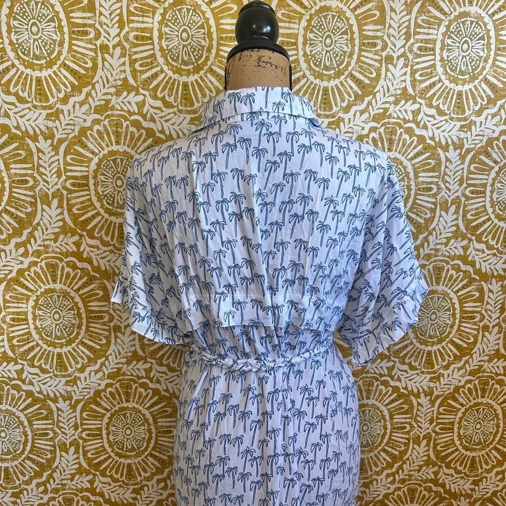 Skemo Palmerita Palm Print Short Sleeve Tie Waist Shirt Midi Dress White/Navy M - Picture 12 of 14